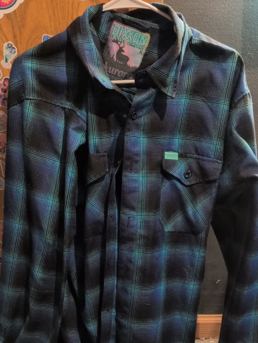 DIXXON Black Plaid Flannel with Teal and Pink Label